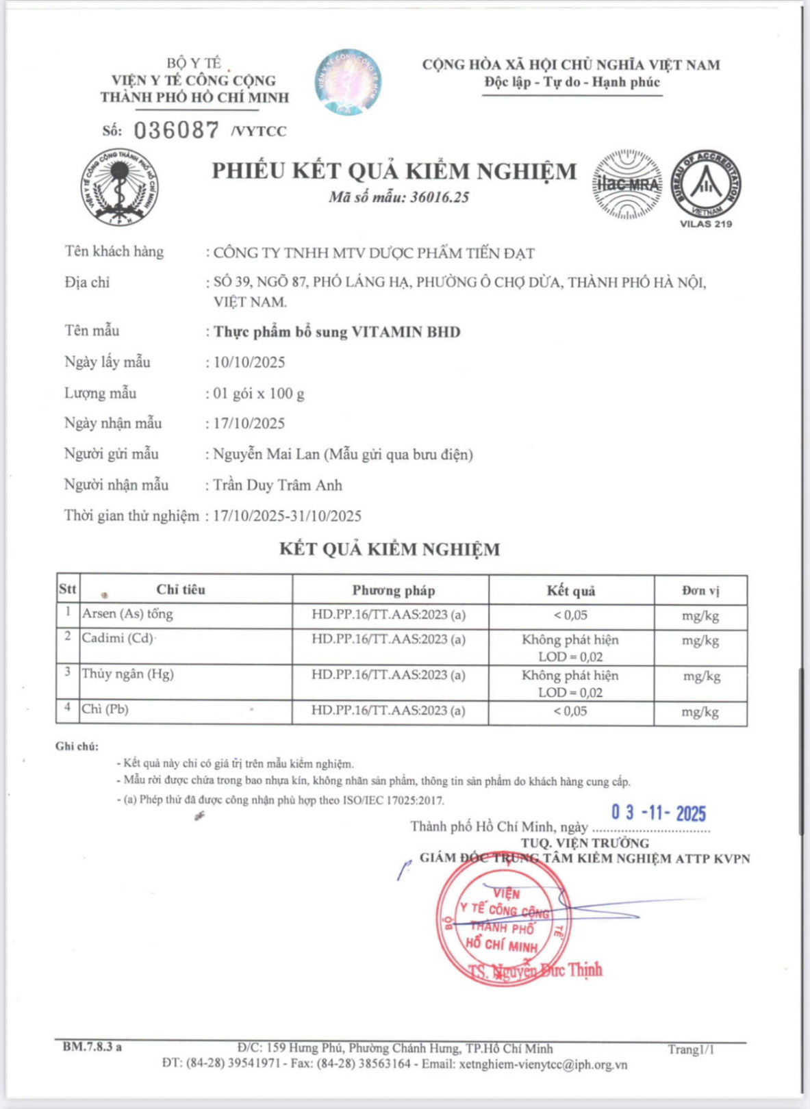 Giấy chứng nhận chất lượng sản phẩm Bổ Hoàn Dương Plus